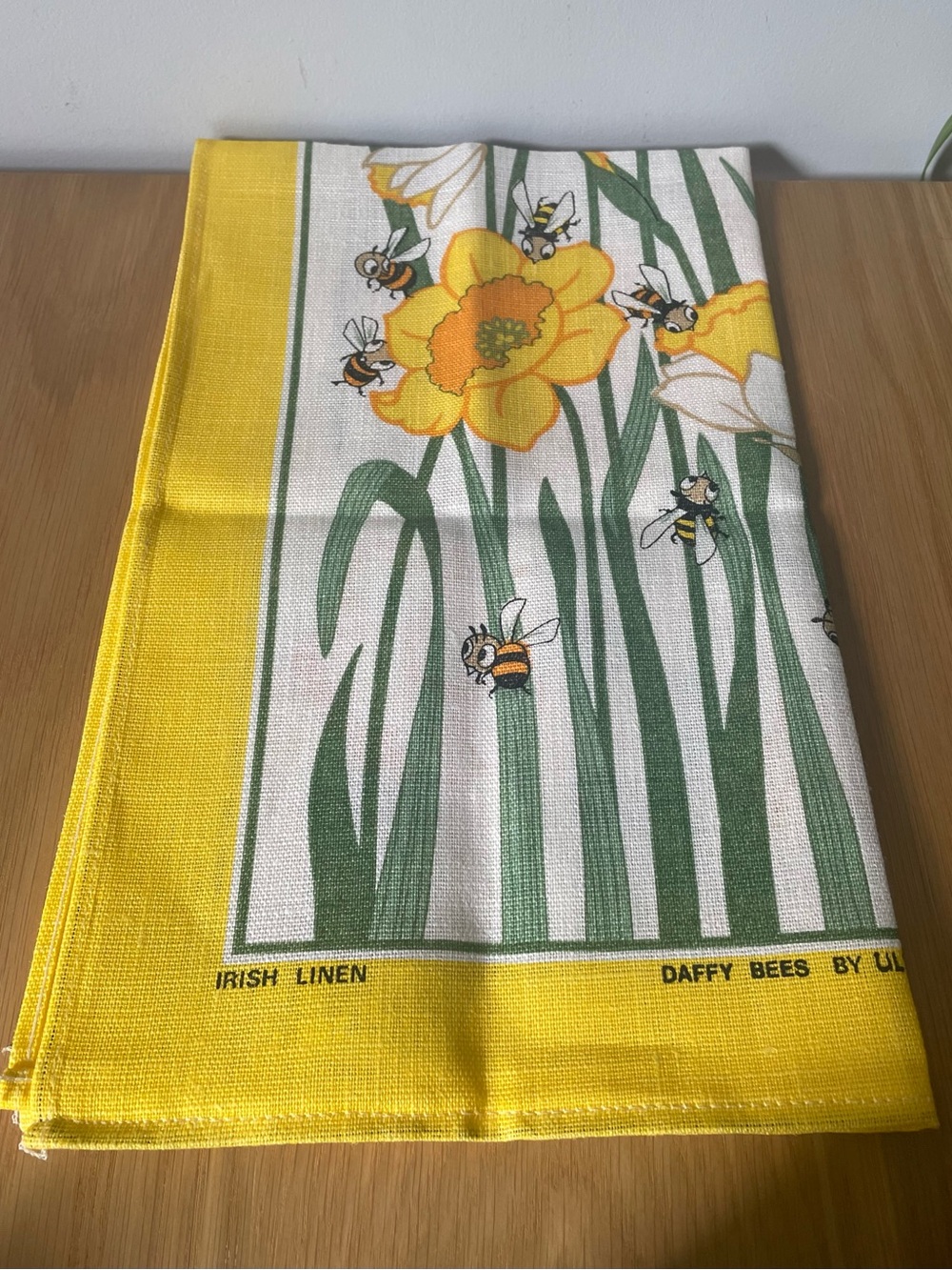 Daffy Bees Yellow Floral Irish Linen Tea Towel Wall Hanging by Ulster